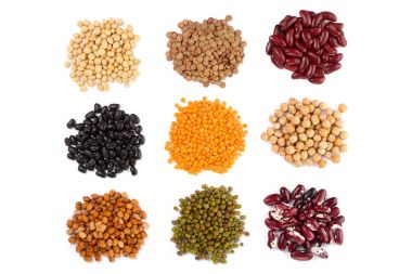 Collection set of Various dried kidney legumes beans, soybeans, lentils, chickpeas close up isolated on white background clipart