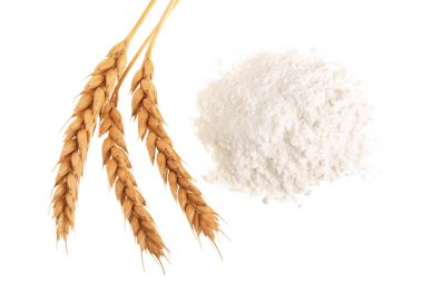 kulakları buğday ve un beyaz arka plan üzerinde izole yığını. Üstten Görünüm. Düz yatıyordu