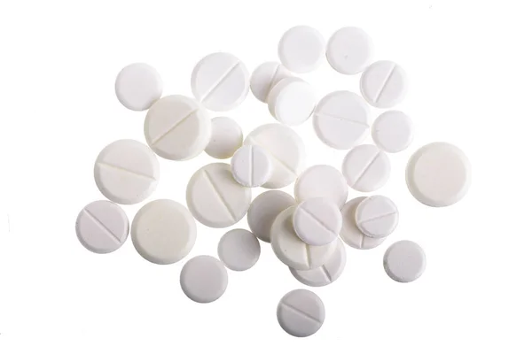 Vita piller kapsel isolerad på vit bakgrund. Ovanifrån. Lekmanna-platt — Stockfoto