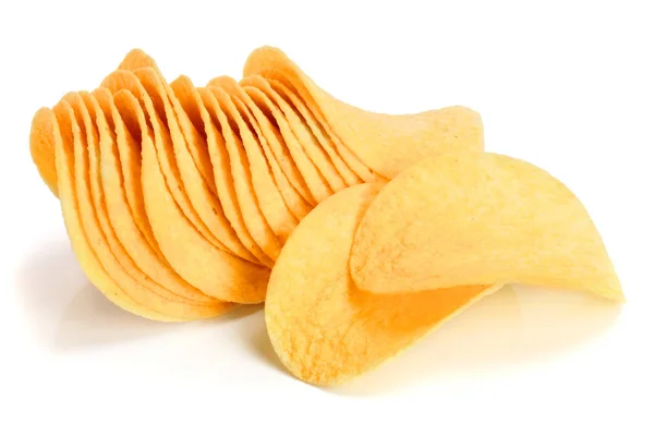 Monte de batatas fritas no fundo branco close-up — Fotografia de Stock