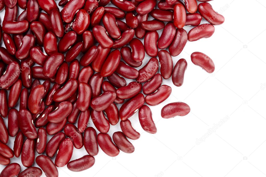 red kidney bean isolated on white background with copy space for your text. Top view. Flat lay