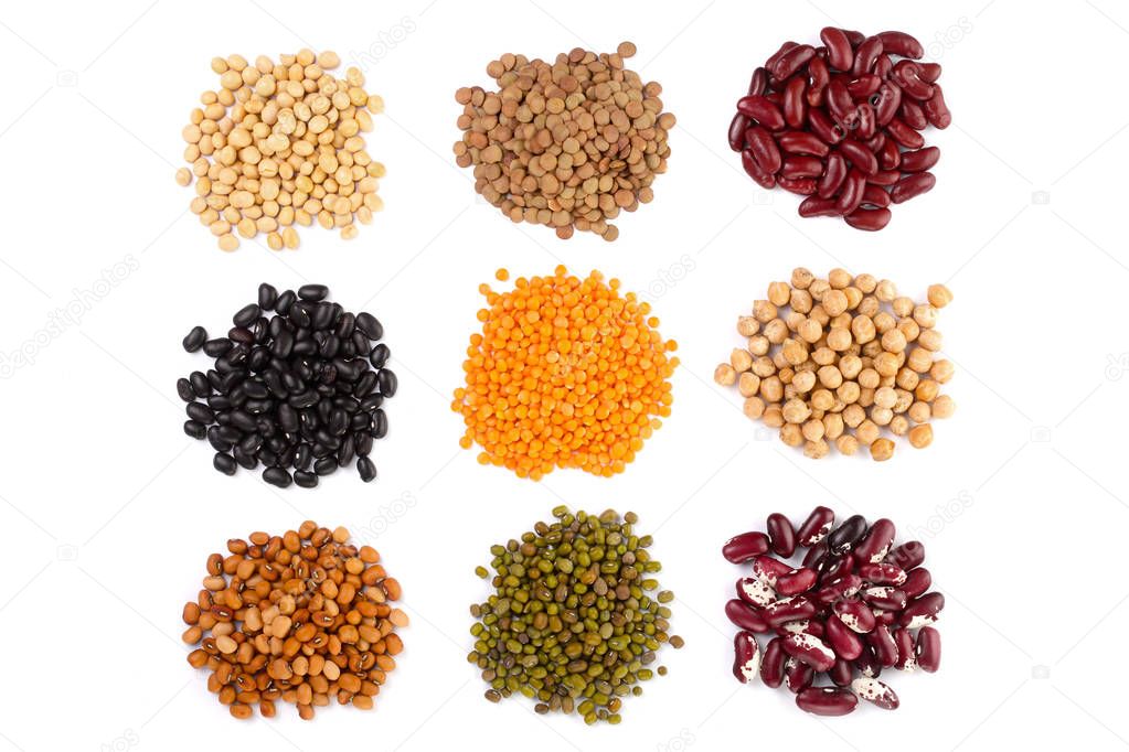 Collection set of Various dried kidney legumes beans, soybeans, lentils, chickpeas close up isolated on white background