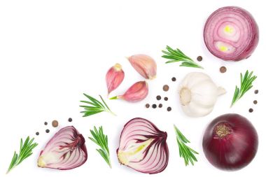 red onions, garlic with rosemary and peppercorns isolated on a white background with copy space for your text. Top view clipart