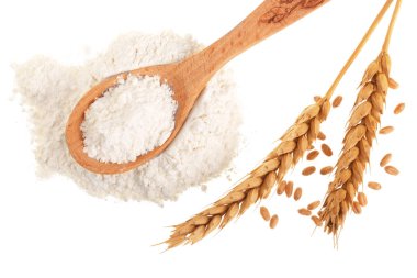 kulakları buğday ve un tahta kaşık beyaz arka plan üzerinde izole içinde yığını. Üstten Görünüm. Düz yatıyordu