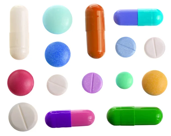 Multicolor pil capsule geïsoleerd op een witte achtergrond. Bovenaanzicht. Flat lag. Set of collectie — Stockfoto