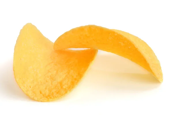 Two potato chips on white background close-up — Stock Photo, Image