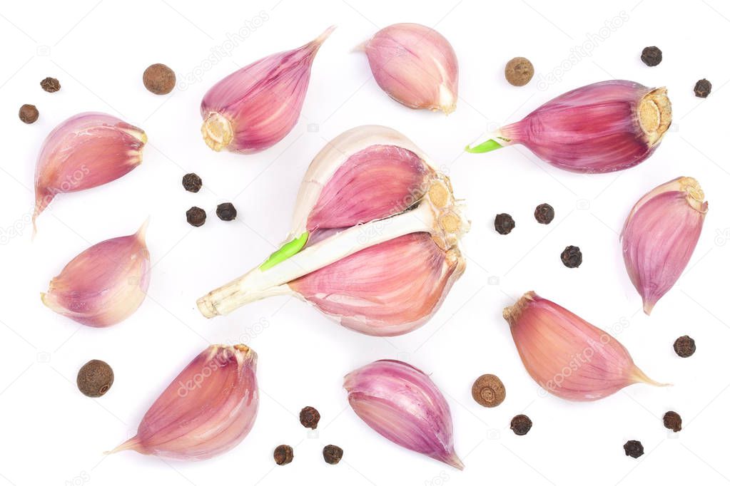 garlic with peppercorns isolated on white background. Top view. Flat lay pattern