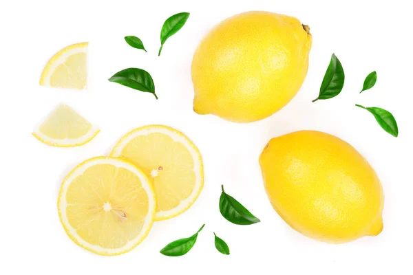 Lemon and slices with leaf isolated on white background. Flat lay, top view — Stock Photo, Image