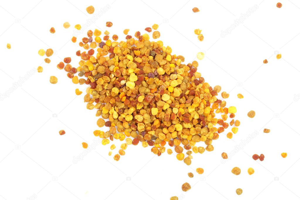 fresh bee pollen isolated on white background. Top view. Flat lay