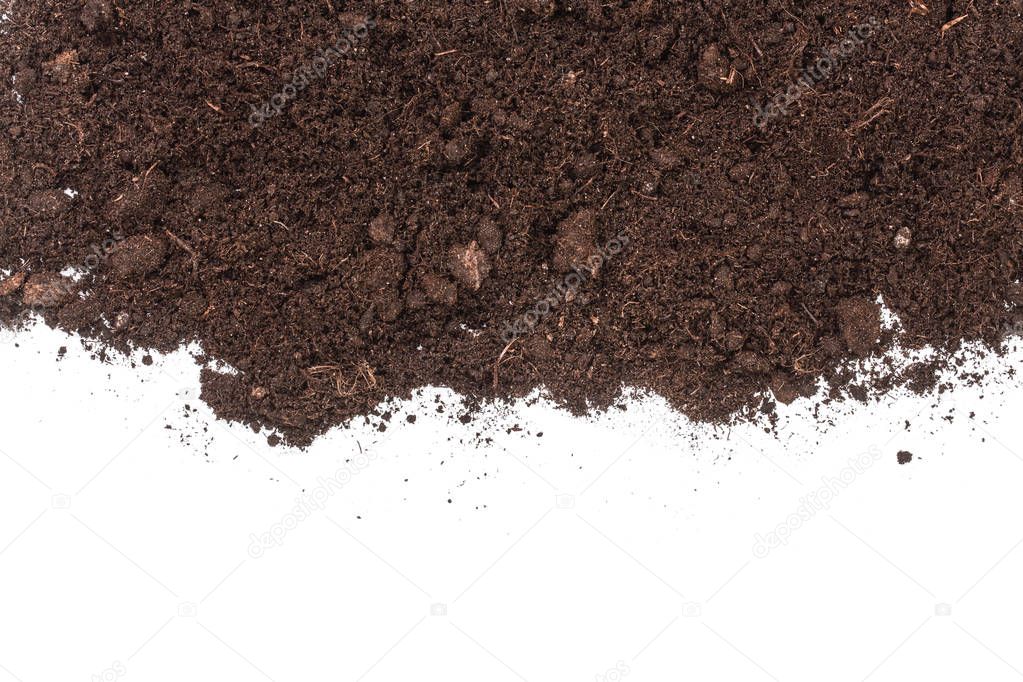 Pile heap of soil isolated on white background with copy space for your text. Top view