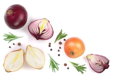 Biberiye ve karabiber izole kopya alanı metniniz için beyaz zemin üzerine kırmızı soğanlı. Üstten Görünüm. Düz yatıyordu