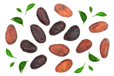 kakao çekirdeği üzerinde beyaz arka plan üstten görünüm izole yeşil yaprakları ile dekore edilmiştir. Düz yatıyordu