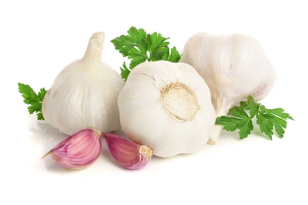 Knoblauch mit Petersilienblatt isoliert auf weißem Hintergrund — Stockfoto