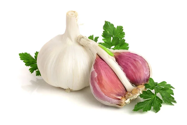 Knoblauch mit Petersilienblatt isoliert auf weißem Hintergrund — Stockfoto