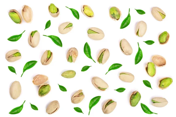 Pimpernoten (pistaches) geïsoleerd op een witte achtergrond, bovenaanzicht. Plat lag patroon — Stockfoto