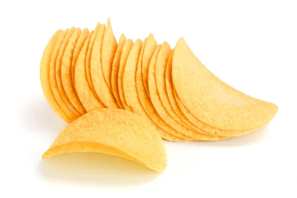 Heap of potato chips on white background close-up — Stock Photo, Image