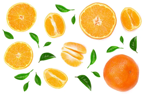 Orange or tangerine with leaves isolated on white background with copy space for your text. Flat lay, top view — Stock Photo, Image