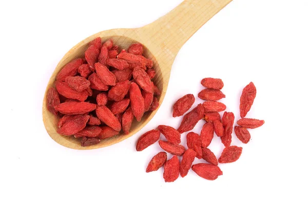 Dried goji berries in wooden spoon Isolated on white background — Stock Photo, Image