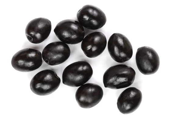 Целые черные оливки изолированы на белом фоне. Вид сверху. Плоский рисунок — стоковое фото