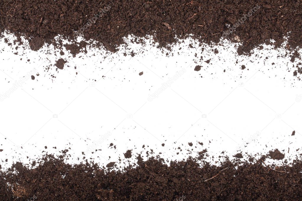 Pile heap of soil isolated on white background with copy space for your text. Top view