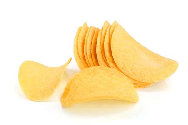 Monte de batatas fritas no fundo branco close-up — Fotografia de Stock