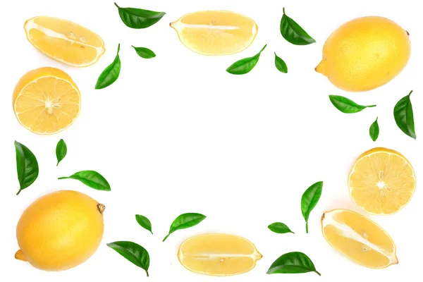 Frame of lemon with leaves isolated on white background with copy space for your text. Flat lay, top view — Stock Photo, Image