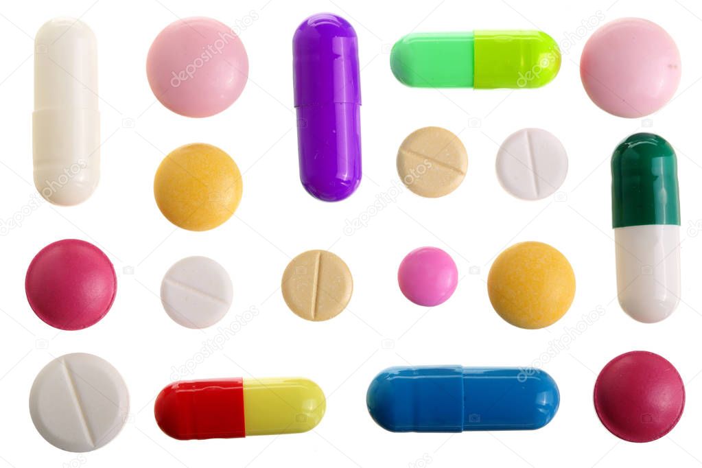 multicolor pill capsule isolated on white background. Top view. Flat lay. Set or collection