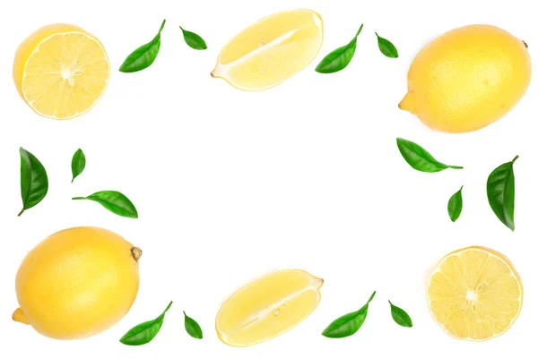 Quadro de limão isolado no fundo branco decorado com folhas verdes com espaço de cópia para o seu texto, vista superior — Fotografia de Stock
