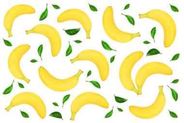 Bütün muz gelen Dikişsiz desen beyaz arka plan üzerinde izole yeşil yaprakları ile dekore edilmiştir. Üstten Görünüm. Düz yatıyordu