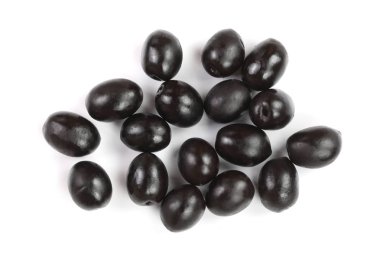 Beyaz arka plan üzerinde izole Siyah Zeytin. Üstten Görünüm. Düz yatıyordu desen