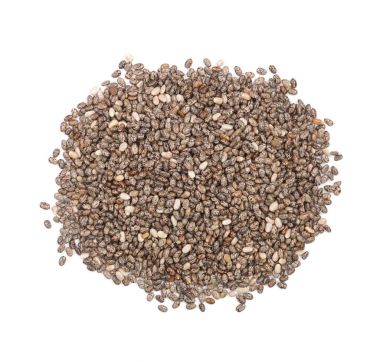 Beyaz arka planda izole Chia tohumları. Üst görünüm