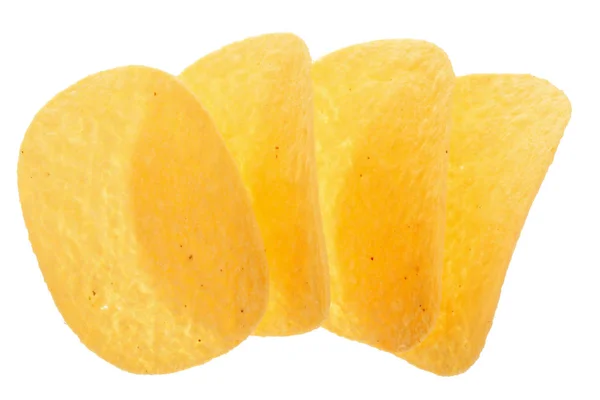 Картопляні чіпси на білому тлі крупним планом. Вид зверху. Плоский прошарок — стокове фото