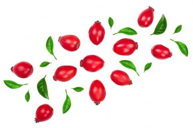 kuşburnu çilek beyaz arka plan üzerinde izole yeşil yaprakları ile dekore edilmiştir. Düz yatıyordu desen. Üstten Görünüm