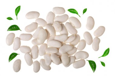 Beyaz arka plan üzerinde izole yeşil yaprakları ile süslenmiş beyaz barbunya fasulyesi kapatın. Üstten Görünüm