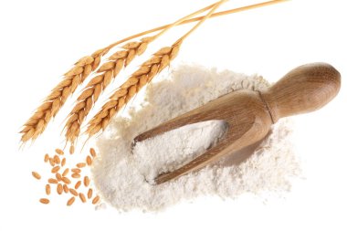 kulakları buğday ve un ahşap Kepçe beyaz arka plan üzerinde izole içinde yığını. Üstten Görünüm. Düz yatıyordu