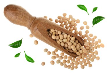 soya fasulyesi beyaz arka plan üzerinde üstten görünüm izole yeşil yaprakları ile süslenmiş ahşap Kepçe