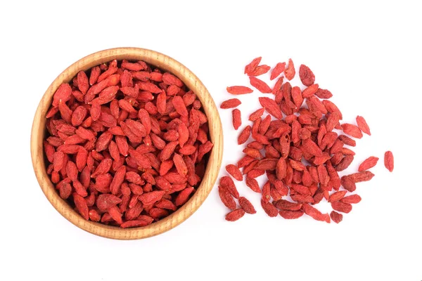 Dried goji berries in wooden bowl Isolated on white background — Stock Photo, Image
