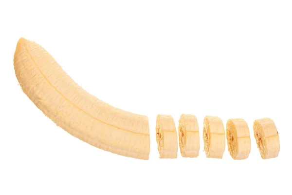 Banane in Scheiben geschnitten isoliert auf weißem Hintergrund. Ansicht von oben. flache Lage — Stockfoto