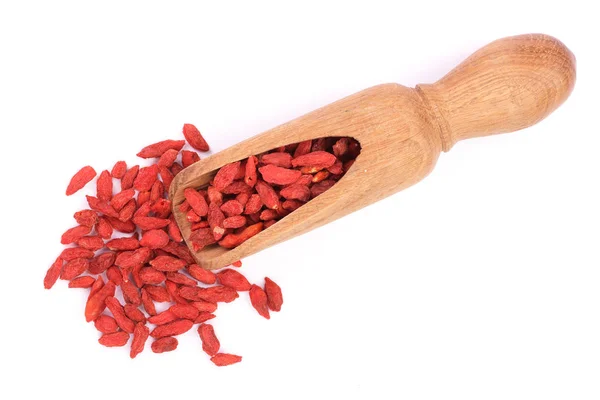 Dried goji berries in wooden scoop Isolated on white background — Stock Photo, Image