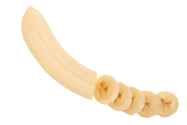 Banane in Scheiben geschnitten isoliert auf weißem Hintergrund. Ansicht von oben. flache Lage — Stockfoto