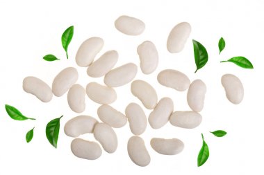 Beyaz arka plan üzerinde izole yeşil yaprakları ile süslenmiş beyaz barbunya fasulyesi kapatın. Üstten Görünüm