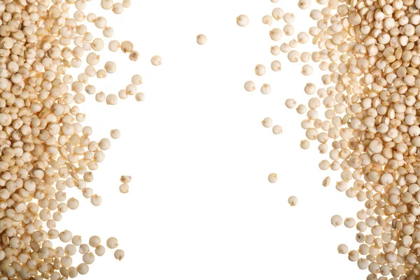 Semințe de quinoa albe izolate pe fundal alb cu spațiu de copiere pentru text. Privire de sus — Fotografie, imagine de stoc