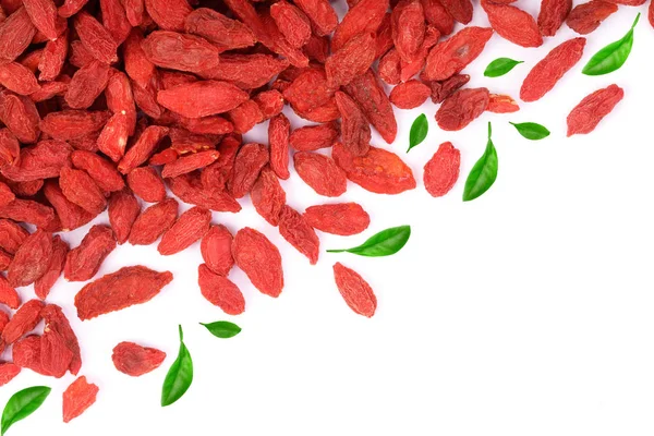 Dried goji berries decorated with green leaves Isolated on white background with copy space for your text — Stock Photo, Image