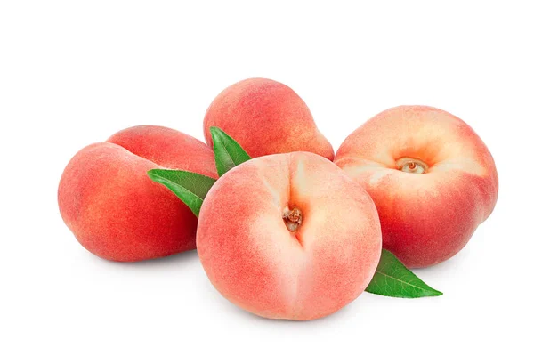 Ripe chinese flat peach fruit with leaf isolated on white background — Stock Photo, Image