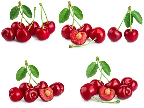 Conjunto de cerezas con hoja y primer plano cortado aislado sobre fondo blanco —  Fotos de Stock