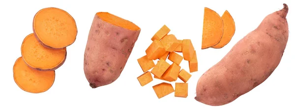 Zoete aardappel geïsoleerd op witte achtergrond close-up. Bovenaanzicht. Platte lay. — Stockfoto