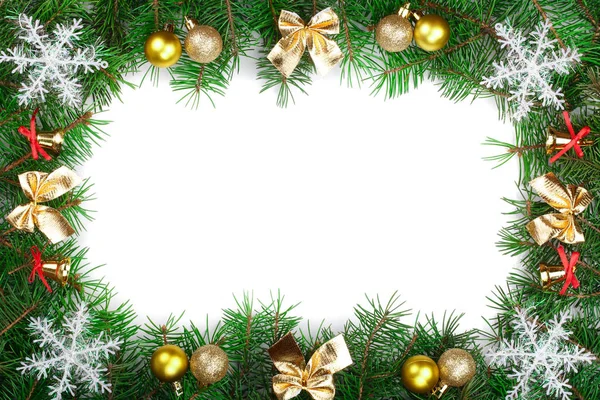 Moldura de Natal decorada com arcos e bolas isoladas em fundo branco com espaço de cópia para o seu texto. Vista superior . — Fotografia de Stock