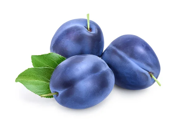 Prune bleue fraîche avec des feuilles isolées sur fond blanc — Photo