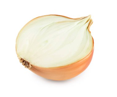 Sarı soğan, beyaz arkaplanda yarı izole edilmiş.