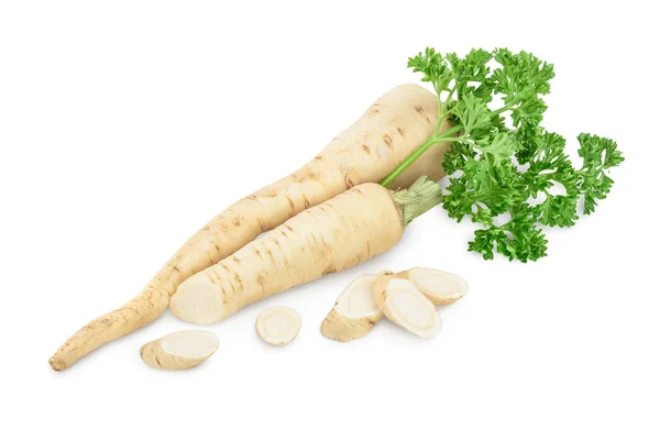 Parsley root with slices and leaves isolated on white background — Stock Photo, Image